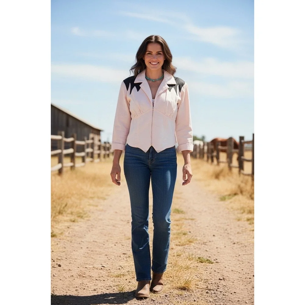 Vintage Western Zip Jacket 9 Blush Pink Black Rockabilly Yoke Cowgirl Ranch Wear